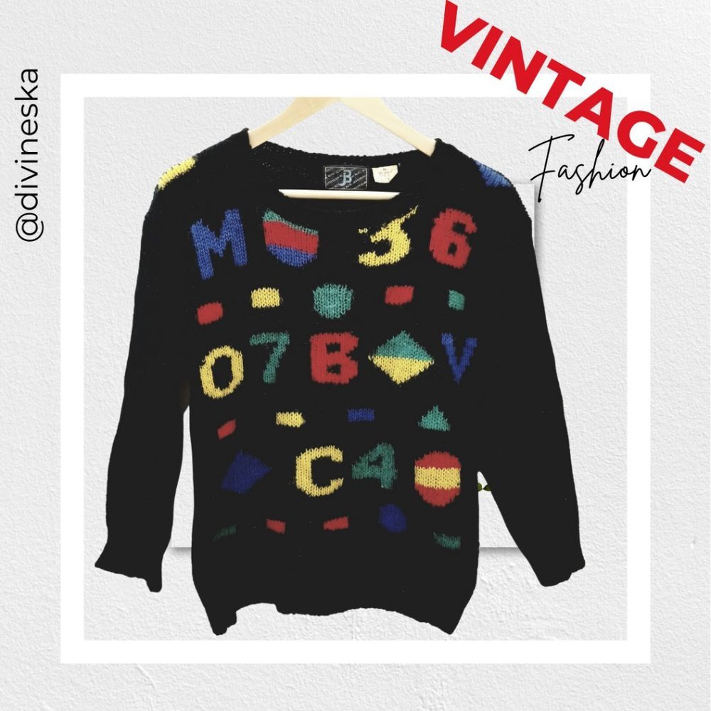 VINTAGE Jefferson Blvd wool nylon acrylic colorful sweater alphabet medium M - Picture 2 of 5